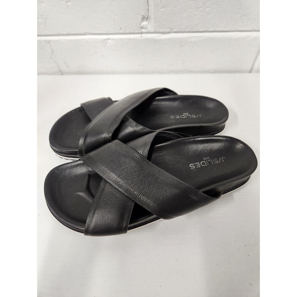 J/Sliders NYC Women's Olivia Black Leather Criss Cross Slide Sandals, Size 10M